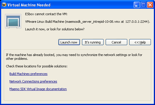 Virtual Machine Needed: error contacting the VM dialog